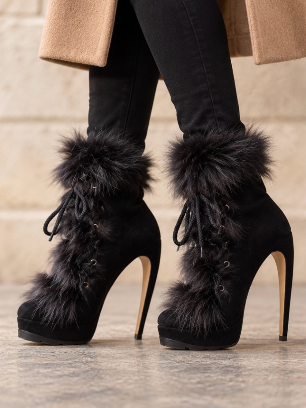 Walter Steiger Black Fur-Trim Lace-Up Platform Ankle Boots, EU 36 US 6